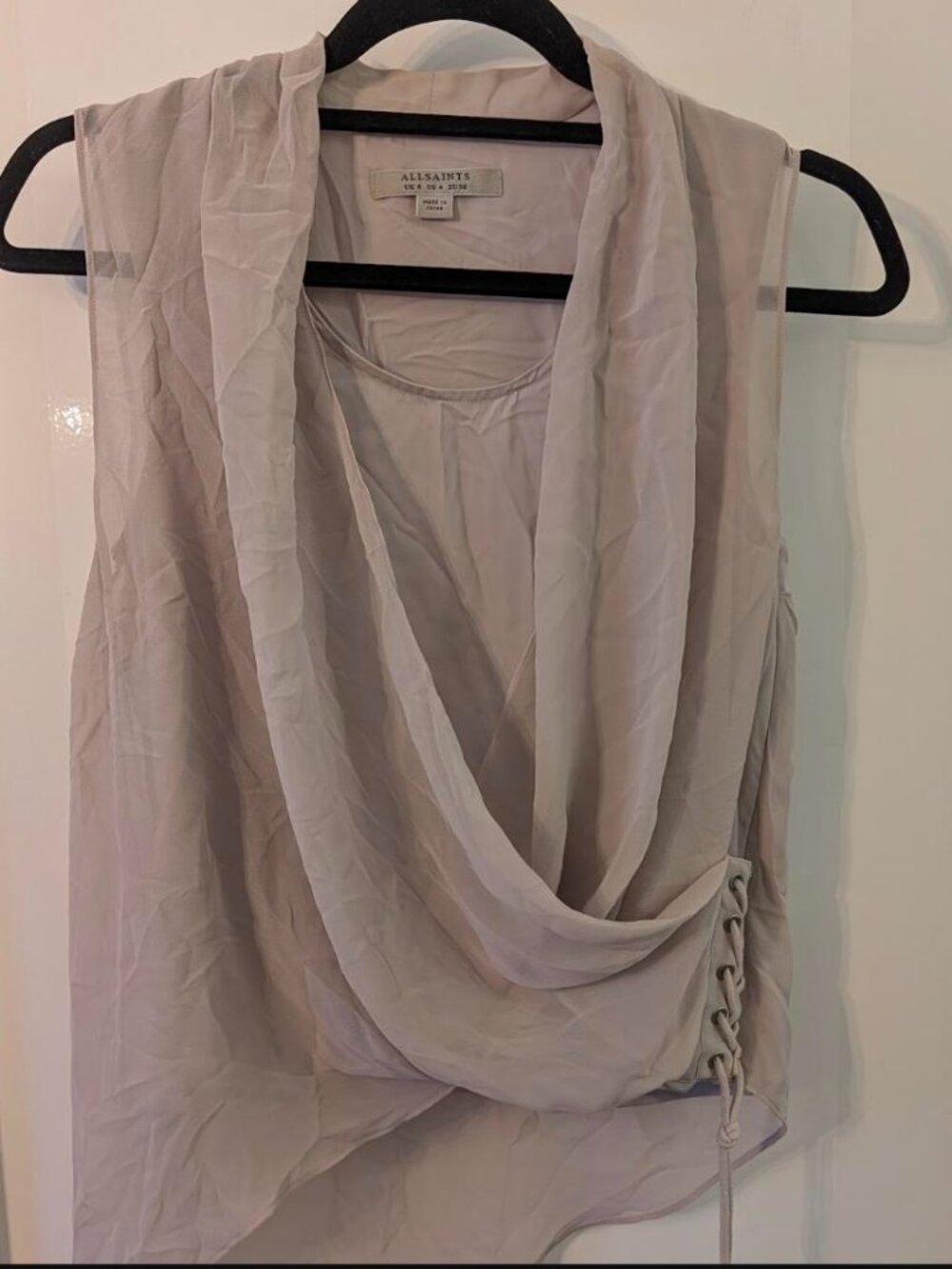 AllSaints Grey Draped Cowl Neck Sleeveless Top Lace-Up Side Asymmetric Hem US 4